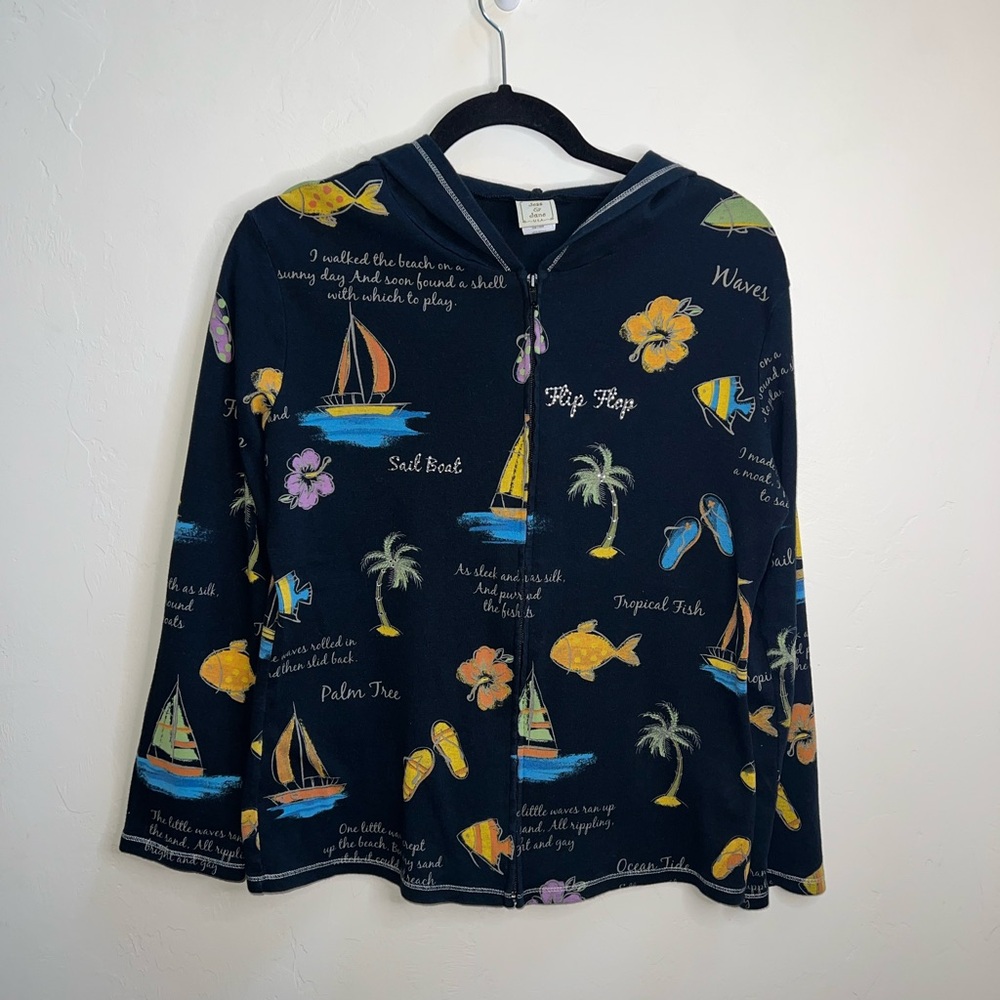 Islands Themed Black Vintage‎ Jess & Jane zip up Hoodie medium